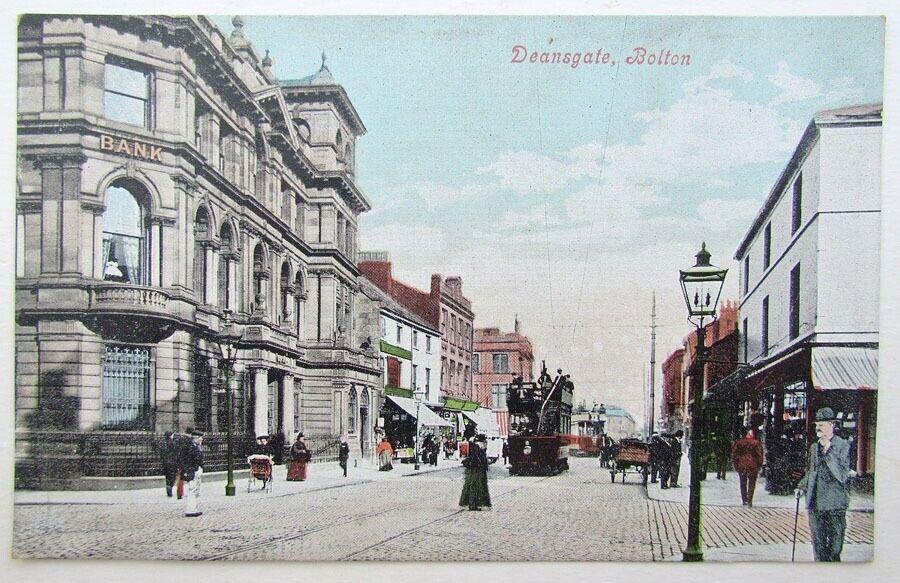 VINTAGE BRITISH POSTCARD DEANSGATE BOLTON STREET SCENE tram railway railroad