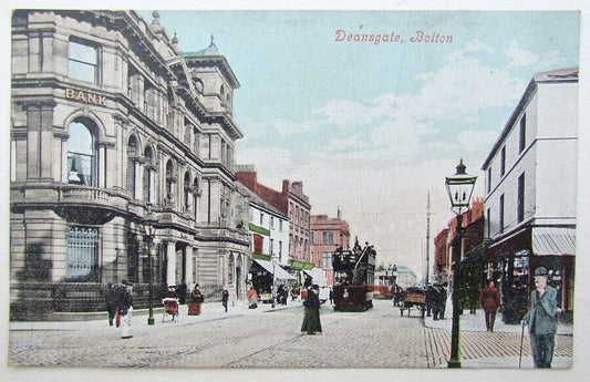 VINTAGE BRITISH POSTCARD DEANSGATE BOLTON STREET SCENE tram railway railroad