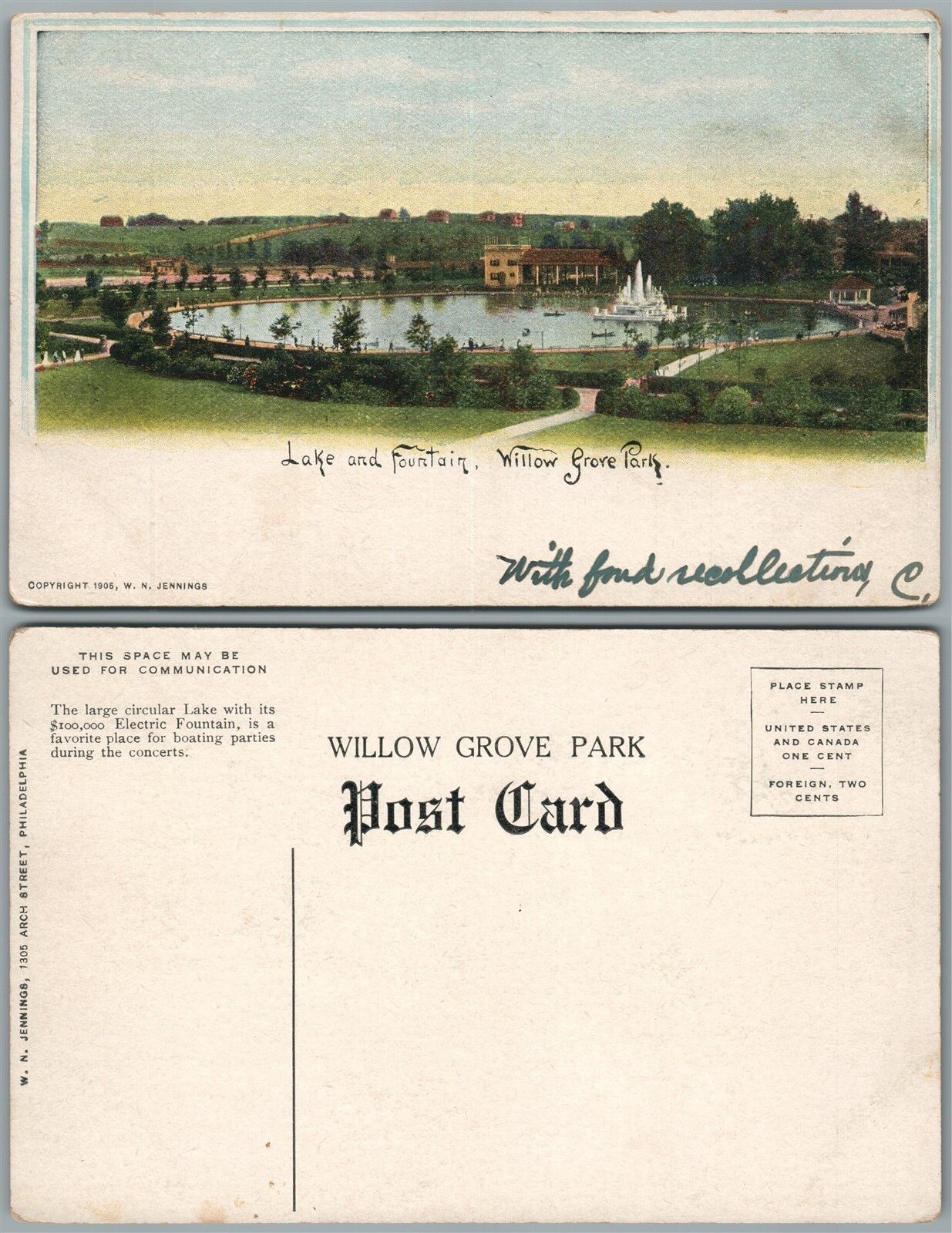 WILLOW GROVE PARK PA LAKE & FOUNTAIN ANTIQUE POSTCARD
