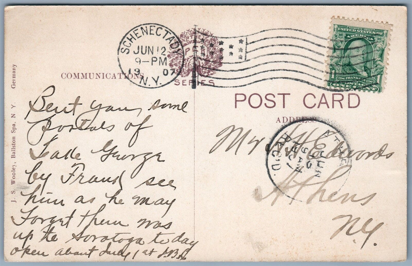 BALLSTON LAKE NY FOREST PARK BOART HOUSE 1907 ANTIQUE POSTCARD