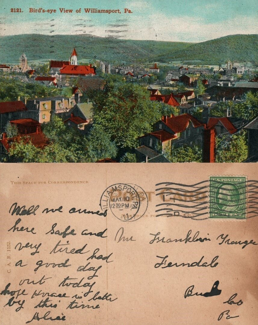 WILLIAMSPORT PA BIRD'S EYE VIEW ANTIQUE 1911 POSTCARD