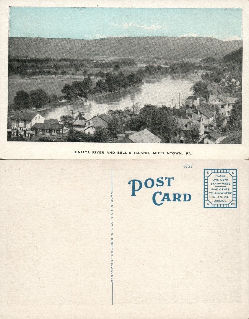 MIFFLINTON PA JUNIATA RIVER & BELL'S ISLAND ANTIQUE POSTCARD