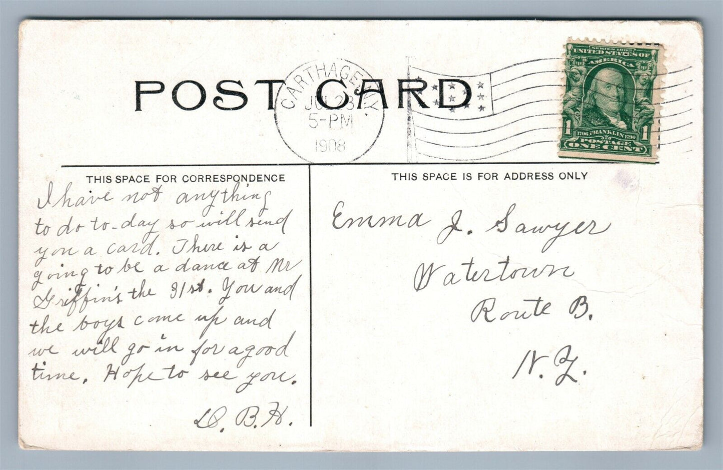 CARTHAGE NY STATE STREET LOOKING EAST 1908 ANTIQUE POSTCARD