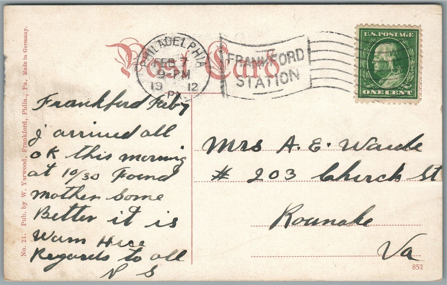 PHILADELPHIA PA FRANKFORD AVENUE ANTIQUE POSTCARD