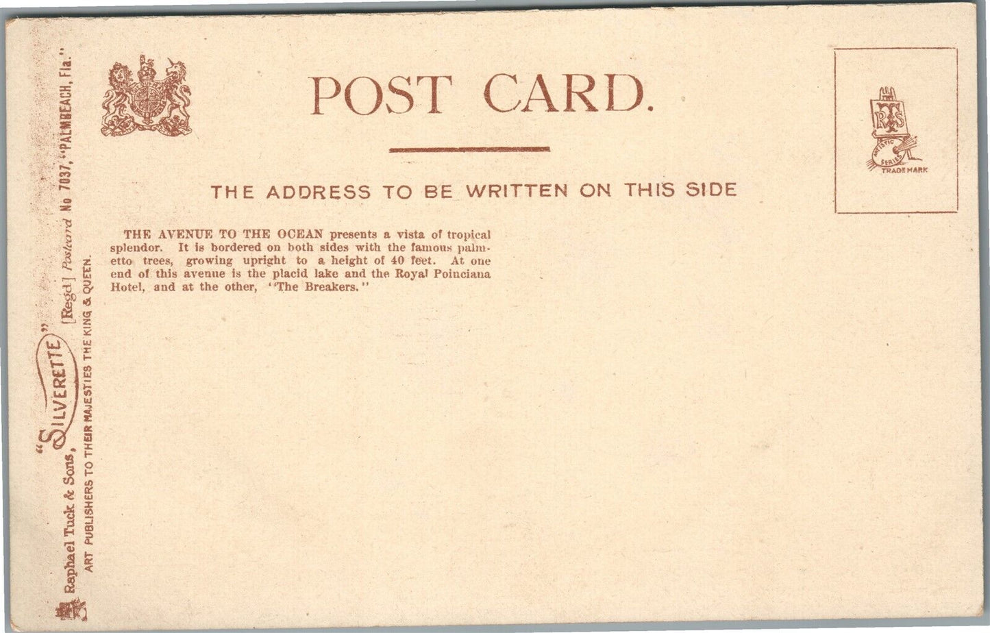 PALM BEACH FL AVENUE TO OCEAN ROYAL POINCIANA HOTEL ANTIQUE POSTCARD