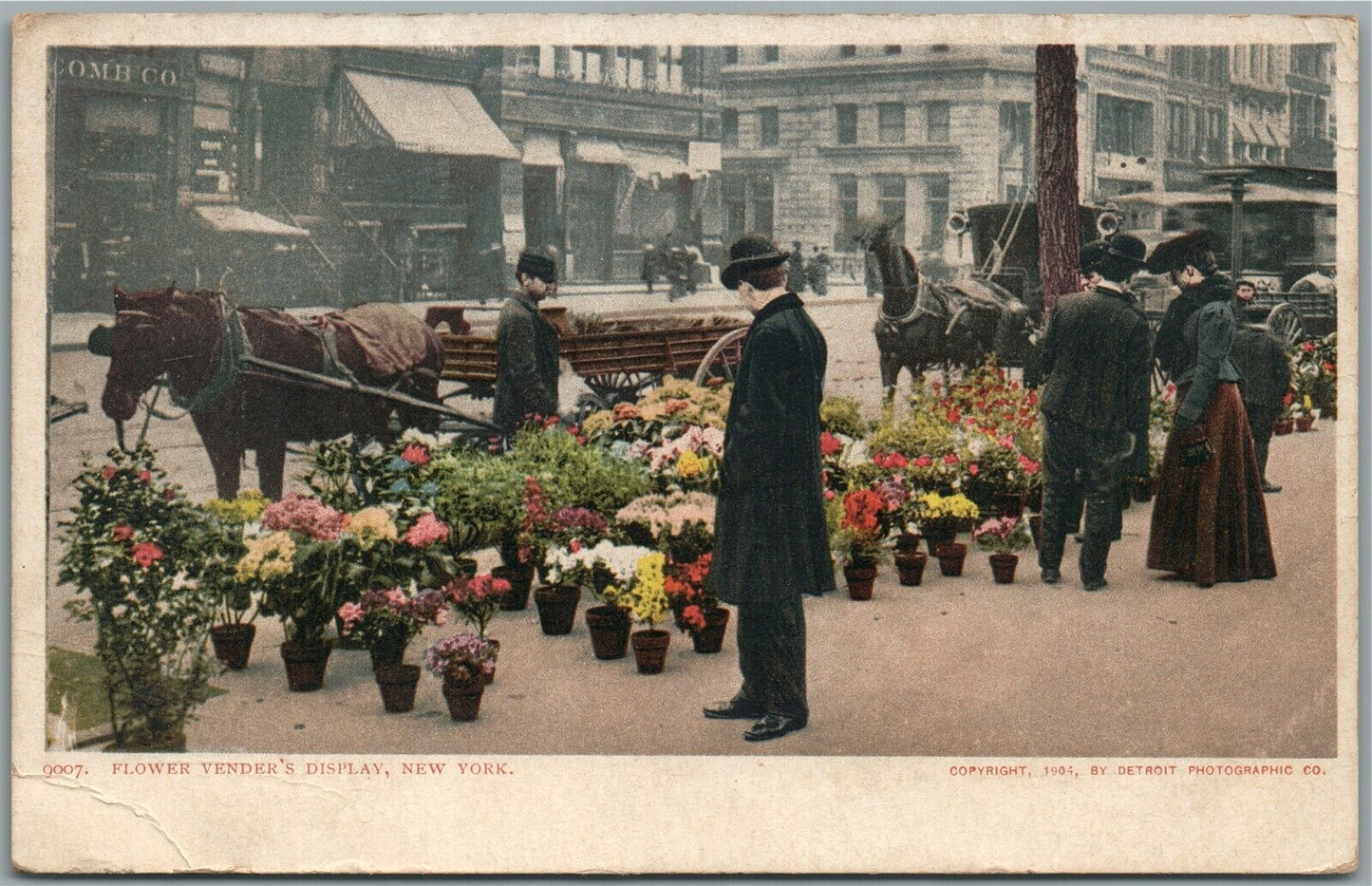 NEW YORK CITY NY FLOWER VENDOR'S DISPLAY VINTAGE POSTCARD