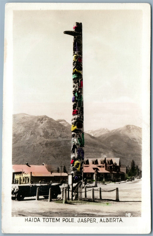 HAIDA TOTEM POLE JASPER ALBERTA CANADA VINTAGE REAL PHOTO POSTCARD RPPC