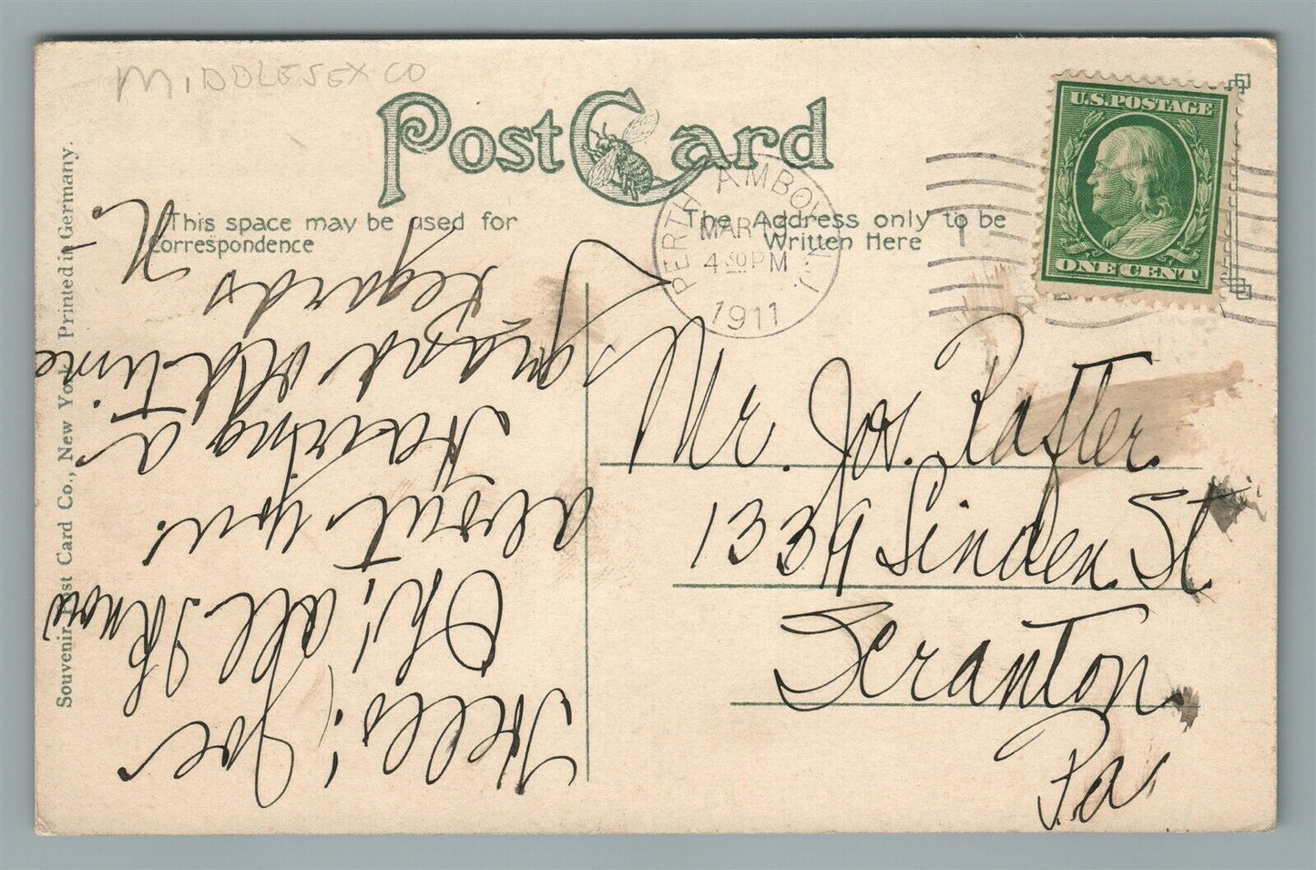PERTH AMBOY NJ MARKET STREET 1911 ANTIQUE POSTCARD