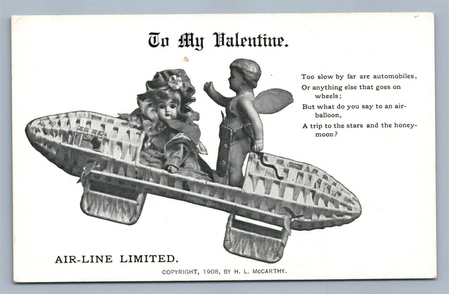 VALENTINE ANTIQUE POSTCARD DOLL w/ CUPID AIR BALLOON TRIP TO STARS