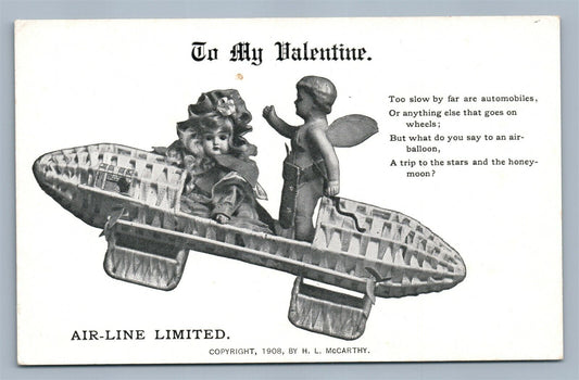 VALENTINE ANTIQUE POSTCARD DOLL w/ CUPID AIR BALLOON TRIP TO STARS