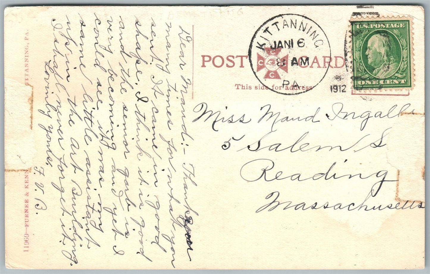 KITTANNING PA COWANSHONNOCK CREEK 1912 ANTIQUE POSTCARD