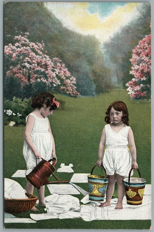 MULTI BABIES ANTIQUE POSTCARD cloth washing