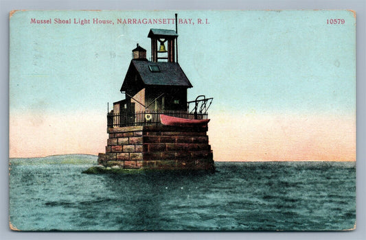 NARRAGANSETT BAY RI MUSSEL SHOAL LIGHTHOUSE ANTIQUE POSTCARD