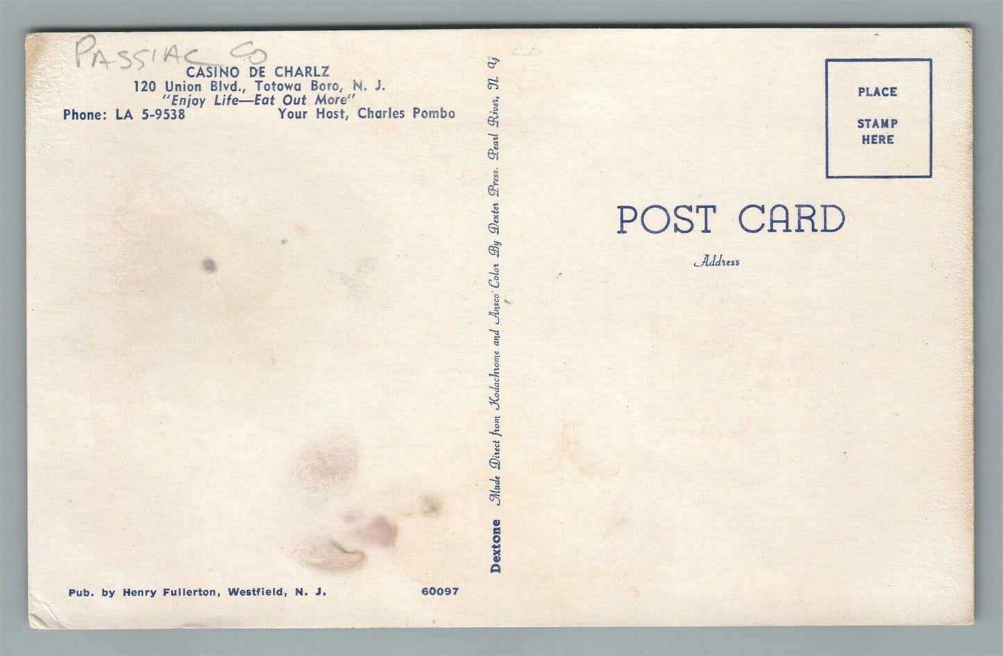 TOTOWA BORO NJ CASINO DE CHARLZ VINTAGE POSTCARD