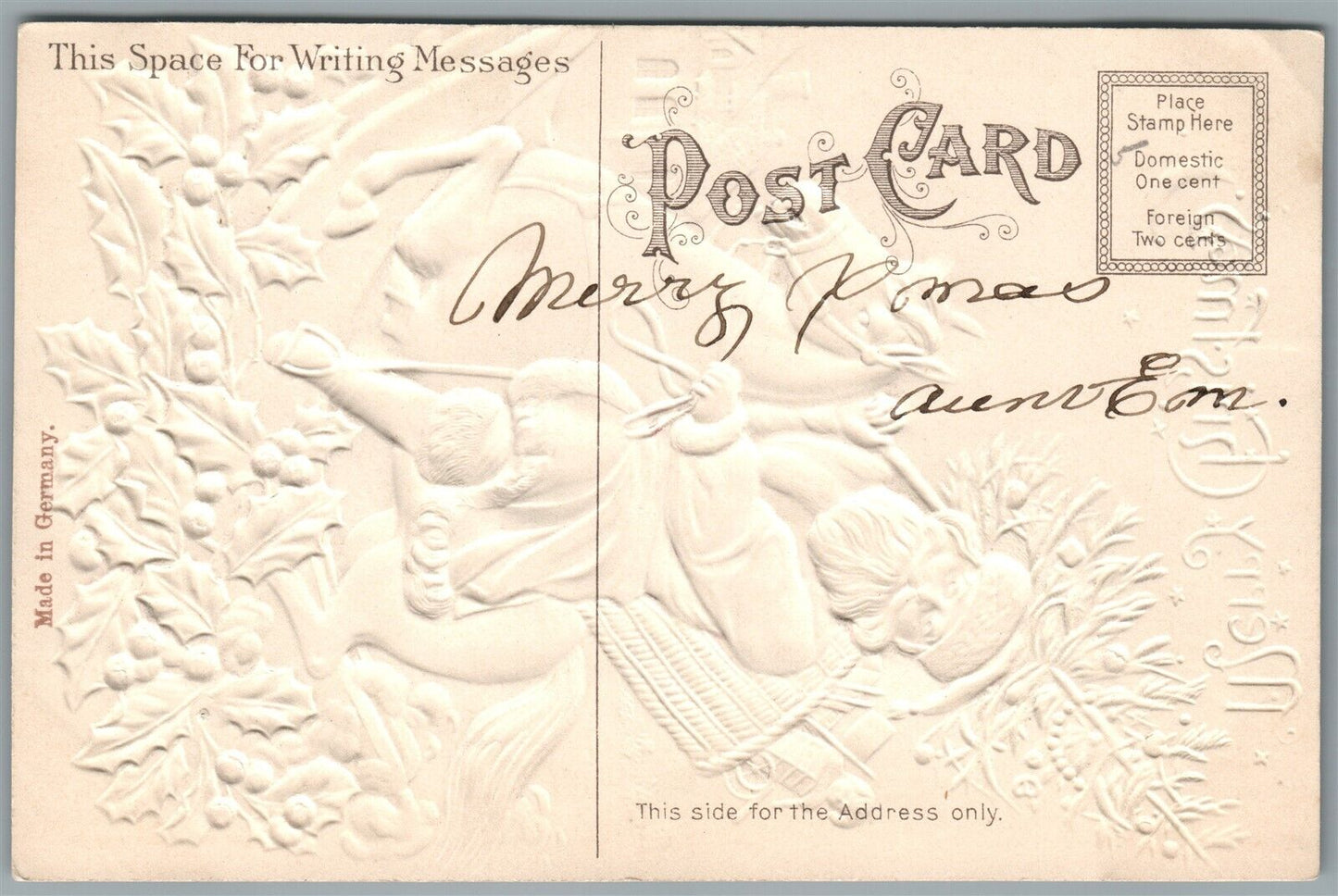 SANTA RIDING TOY HORSE MERRY CHRISTMAS EMBOSSED ANTIQUE POSTCARD