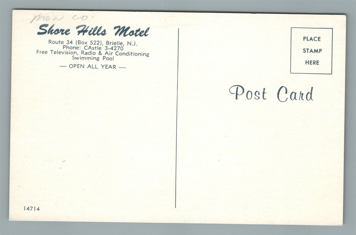 BRIELLE NJ SHORE HILLS MOTEL VINTAGE POSTCARD