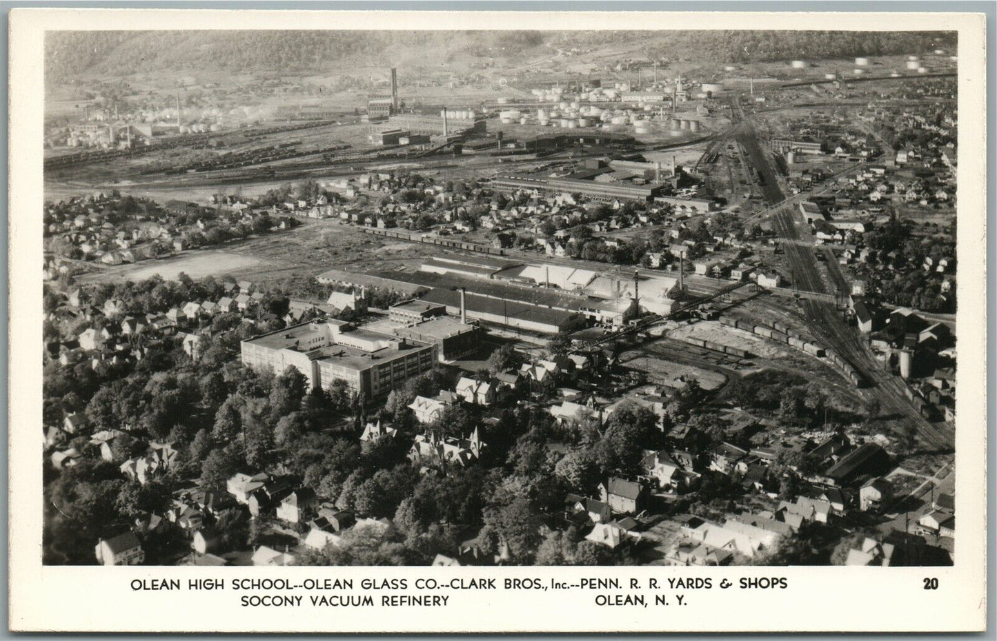 OLEAN NY RAILROAD YARDS HIGH SCHOOL GLASS CO. VINTAGE REAL PHOTO POSTCARD RPPC