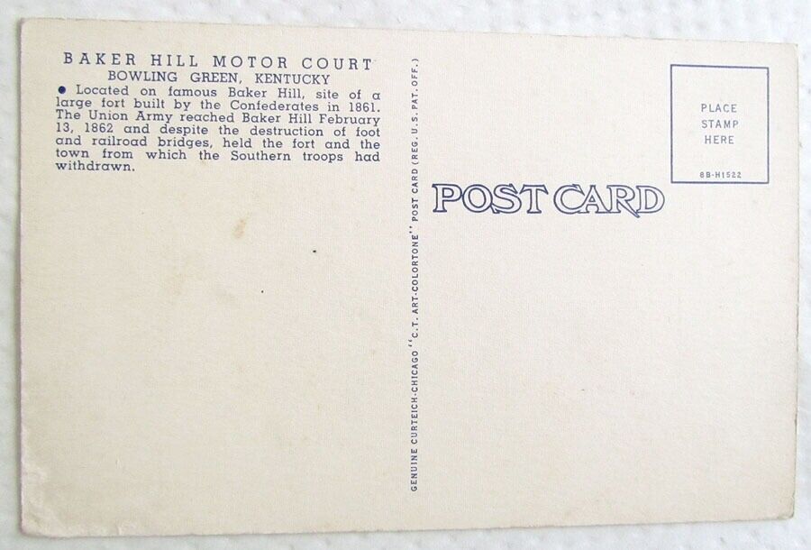 VINTAGE POSTCARD BAKER HILL MOTOR COURT MOTEL BOWLING GREEN KENTUCKY