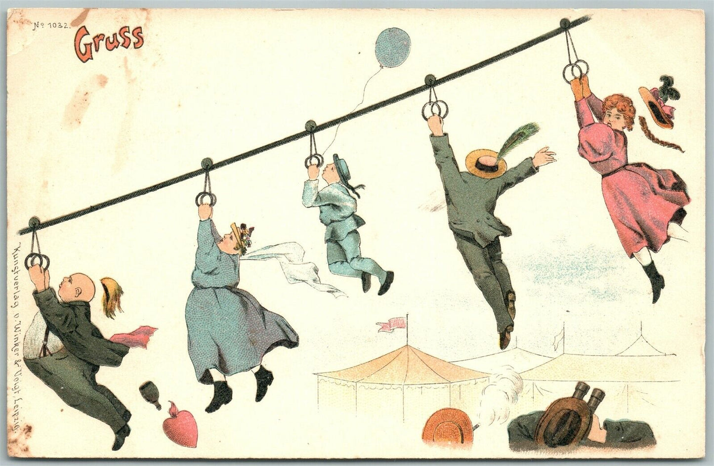PEOPLE ON THE ROPE ANTIQUE GERMAN POSTCARD