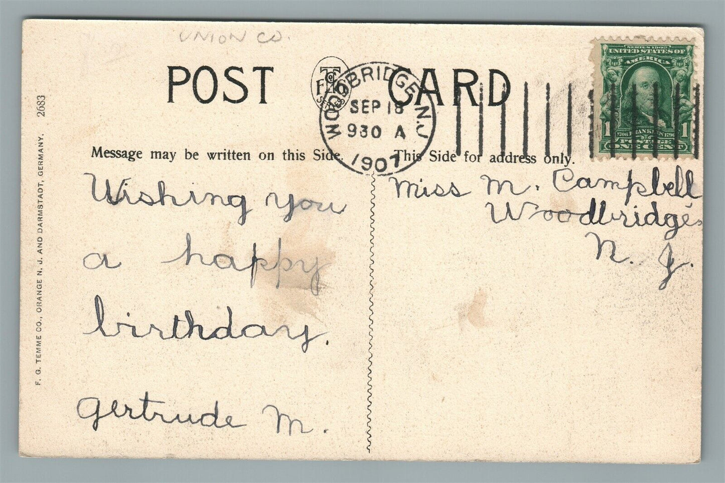 RAHWAY NJ WASHINGTON PUBLIC SCHOOL ANTIQUE POSTCARD