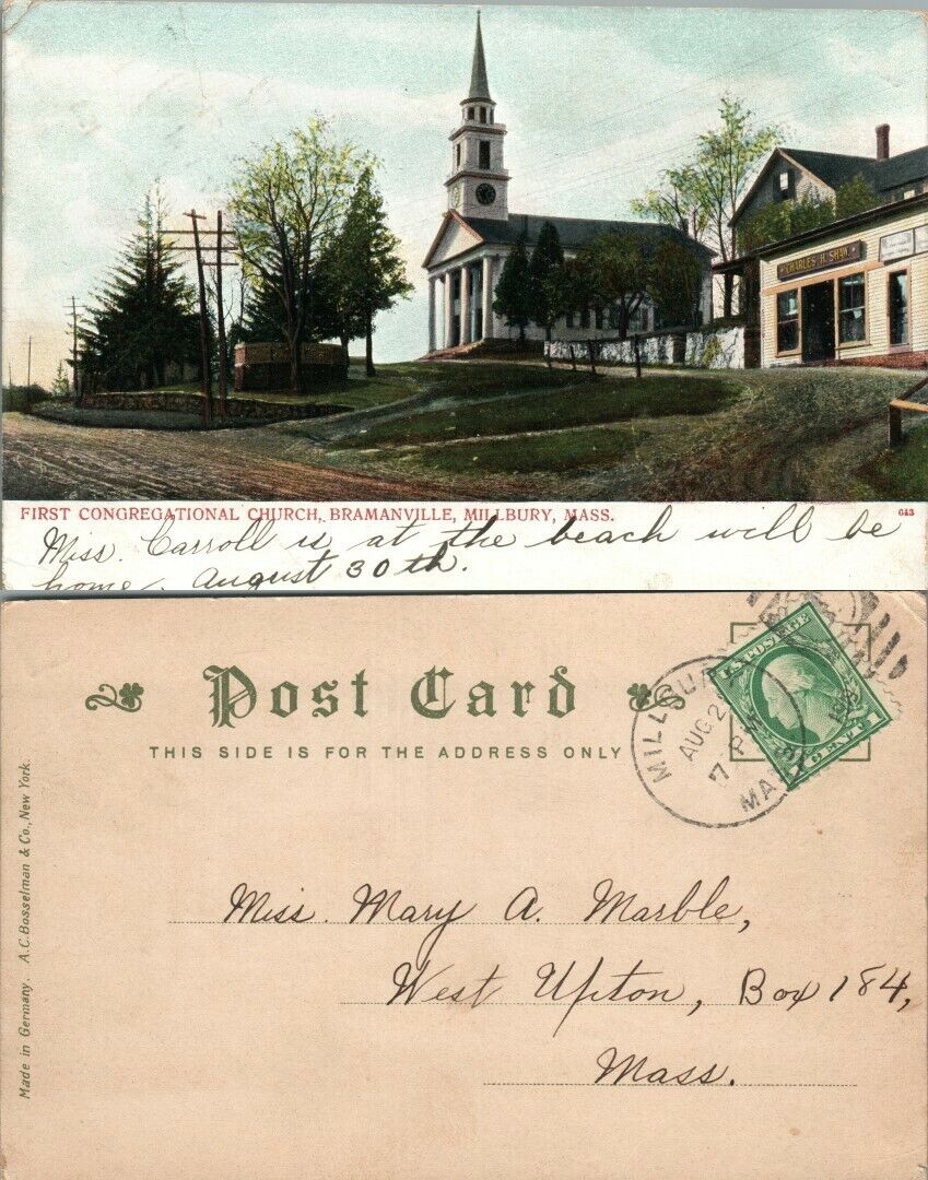 FIRST CONGREGATIONAL CHURCH BRAMANVILLE MILLBURY MA ANTIQUE UNDIVIDED POSTCARD