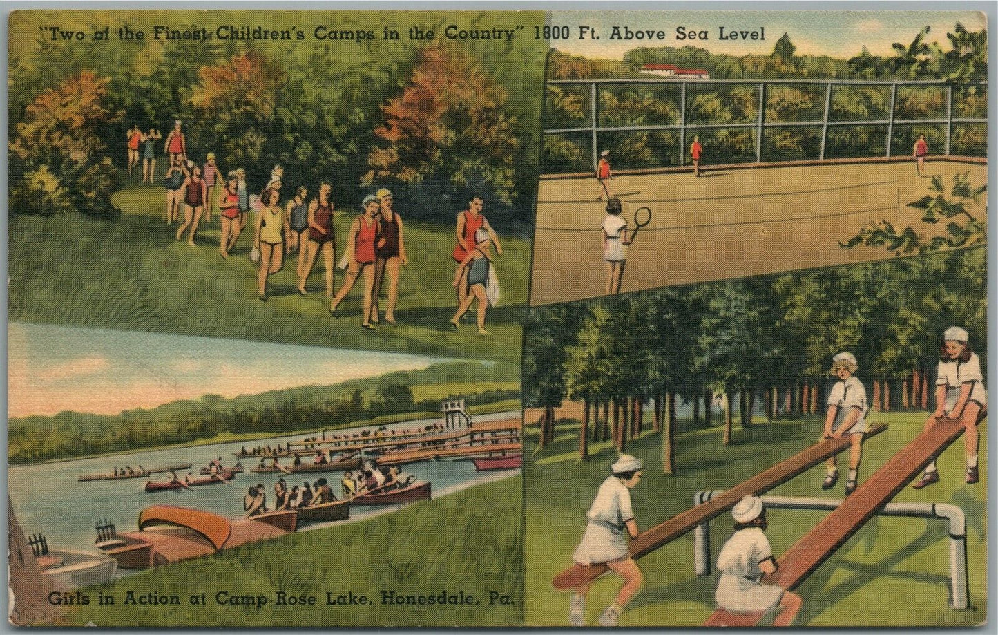 HONESDALE PA CAMP ROSE LAKE GIRLS in ACTION VINTAGE POSTCARD