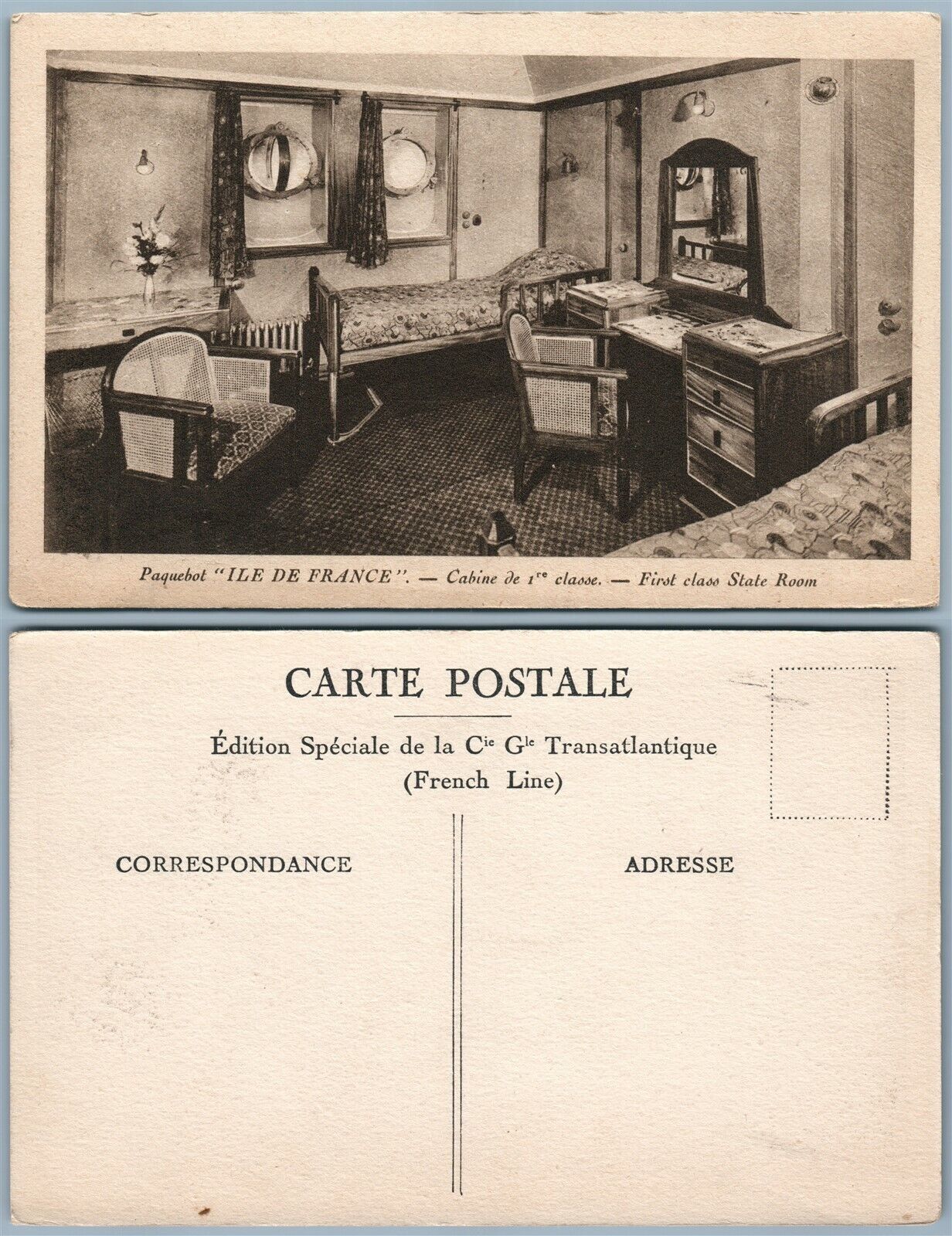 PAQUEBOT ILE DE FRANCE FIROT CLASS STATE ROOM ANTIQUE POSTCARD