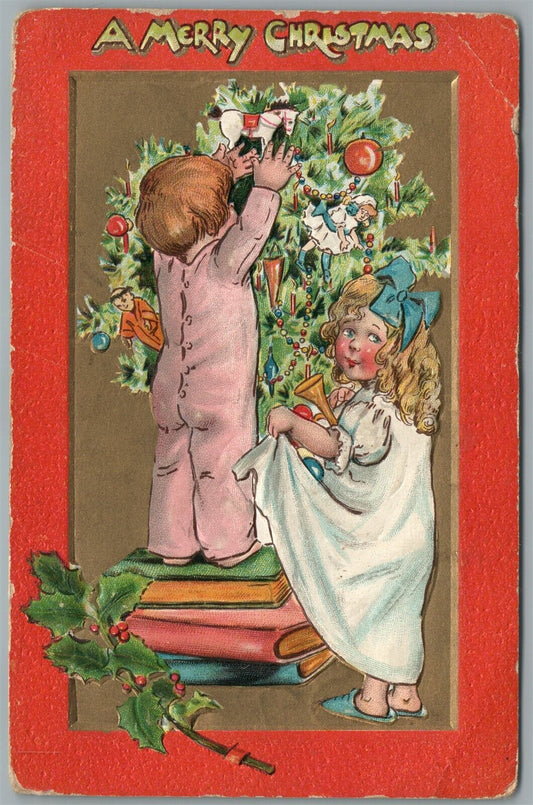 KIDS DECORATING CHRISTMAS TREE NEW YEAR EMBOSSED ANTIQUE POSTCARD