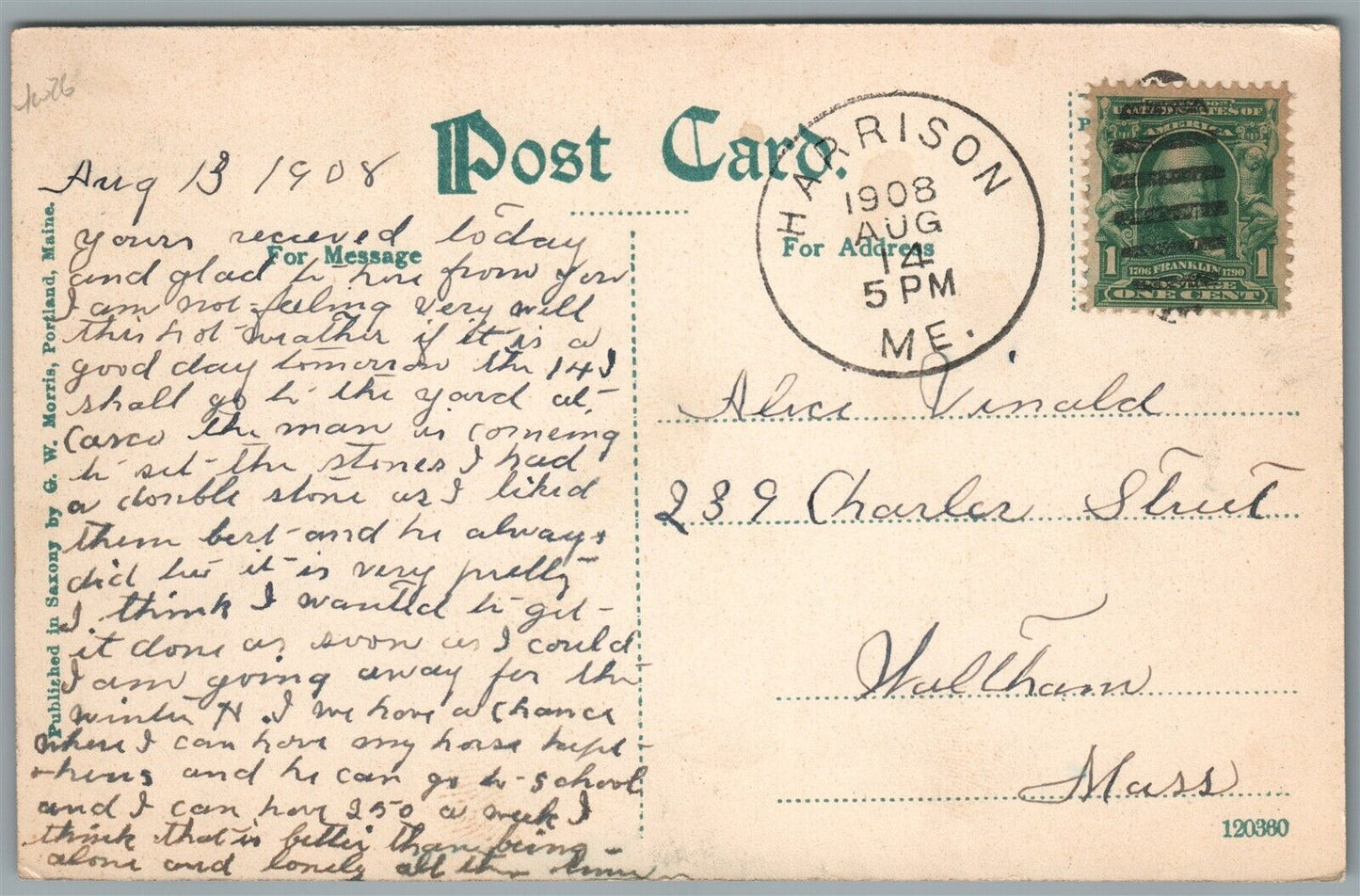 HARRISON ME LOOKING UP AVENUE ANTIQUE POSTCARD