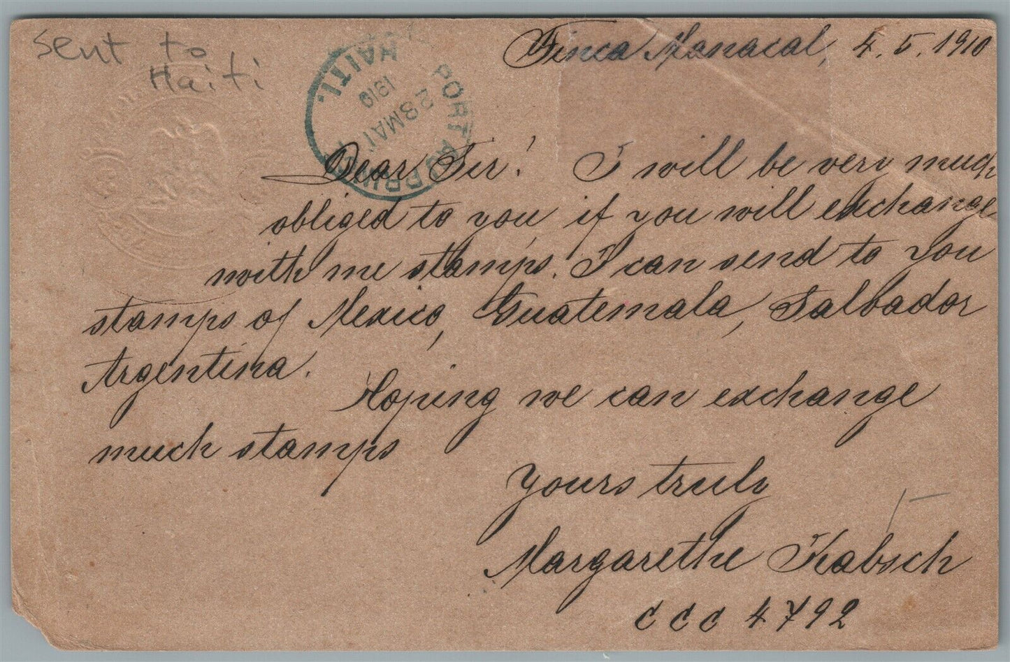 MEXICO to HAITI 1910 ANTIQUE POSTCARD