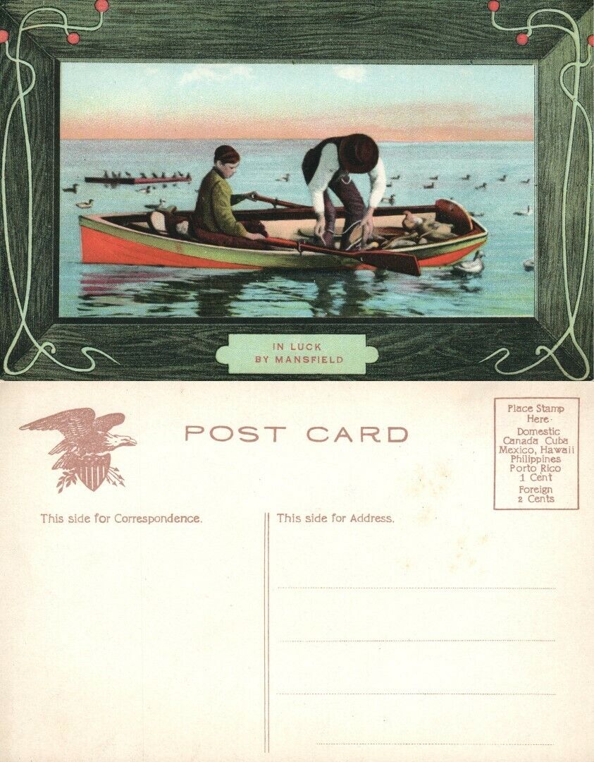 IN LUCK BY MANSFIELD FISHING UNDIVIDED ANTIQUE POSTCARD