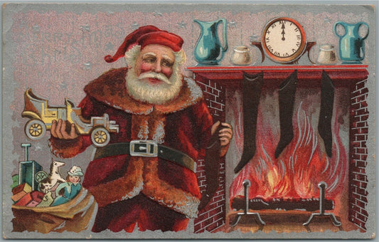 SANTA w/ TOY CAR CHRISTMAS ANTIQUE POSTCARD