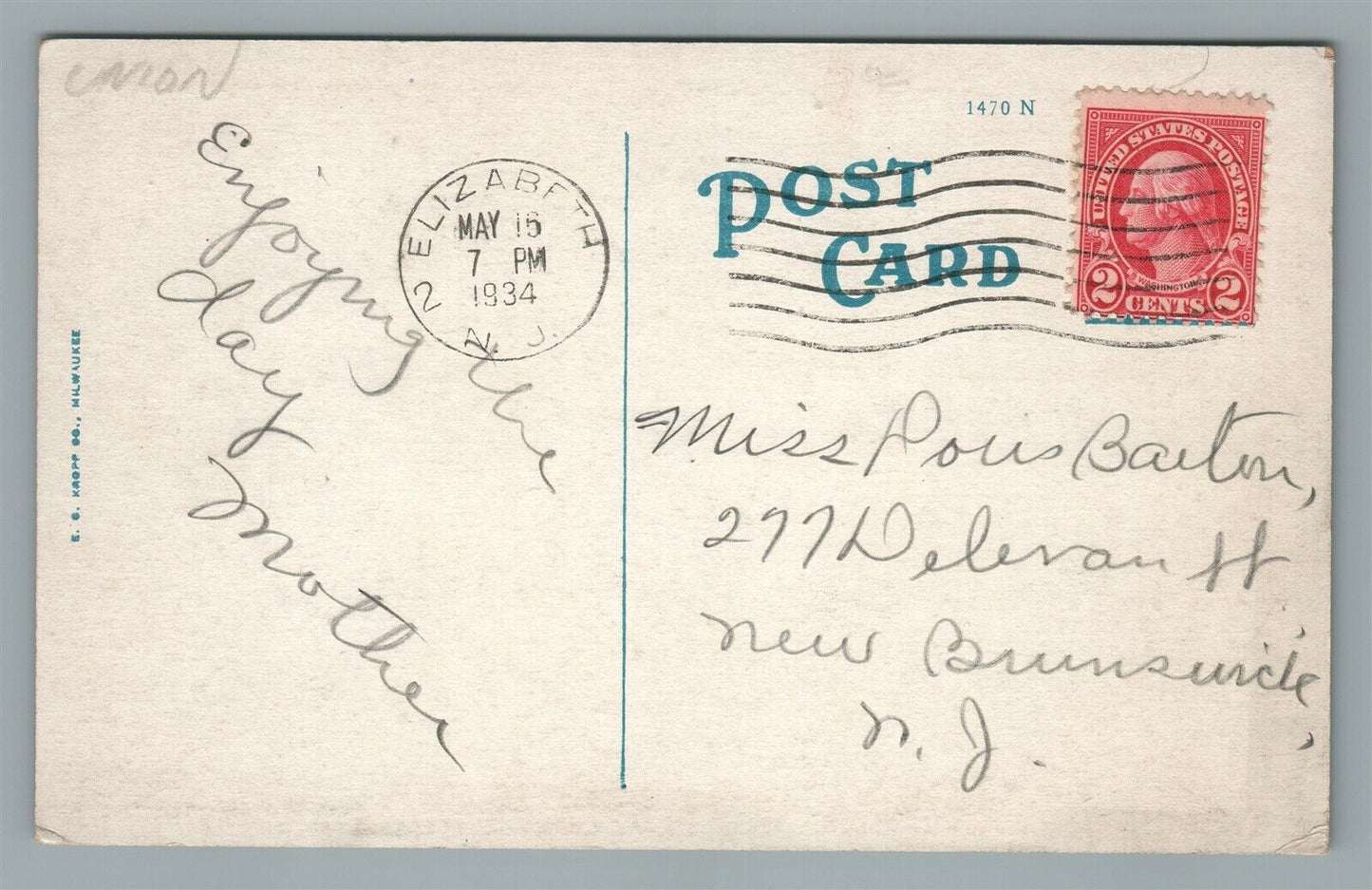 ELIZABETH N CARTERET HOTEL LOBBY ANTIQUE POSTCARD