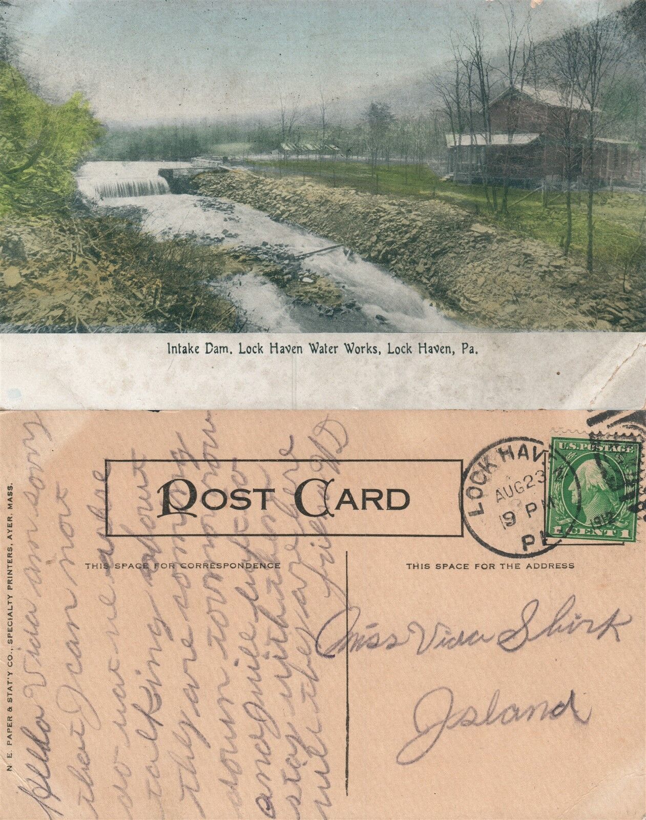 LOCK HAVEN PA INTAKE DAM WATER WORKS 1912 ANTIQUE POSTCARD w/ CORK CANCEL