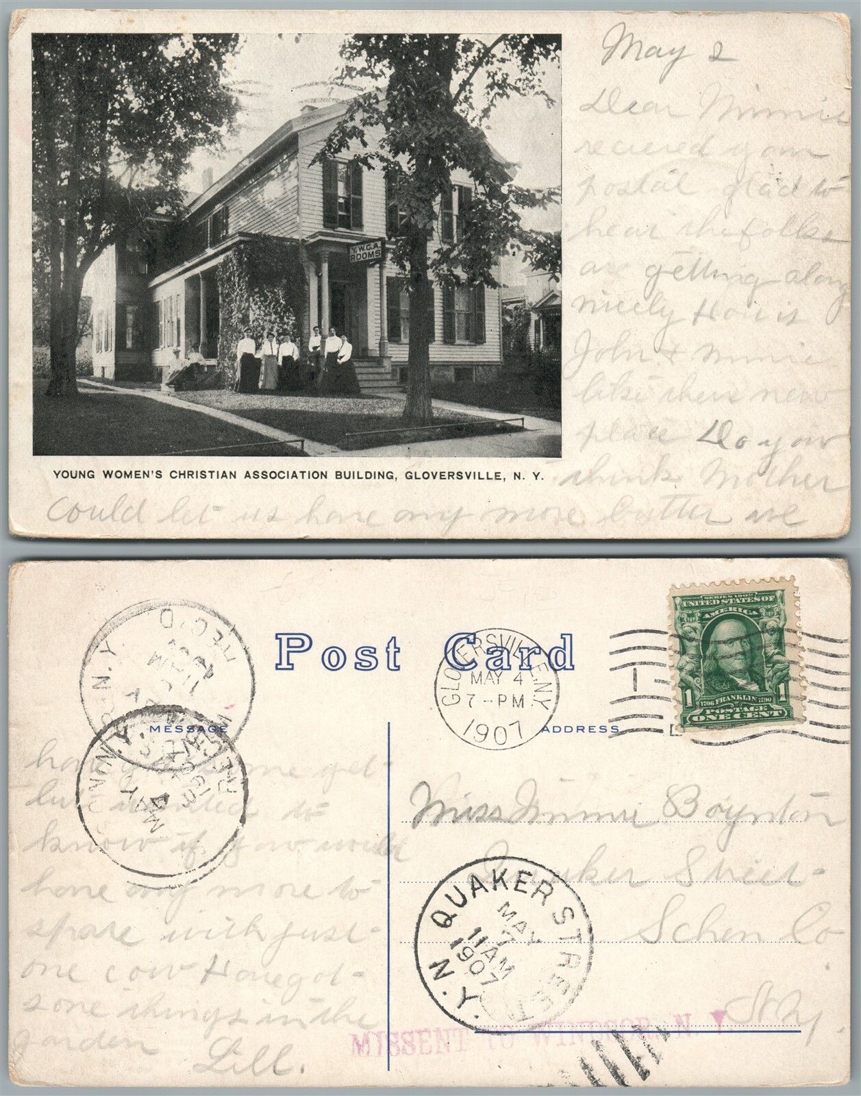 GLOVERSVILLE N.Y. YOUNG WOMEN'S CHRISTIAN ASSOCIATION BLDG 1907 ANTIQUE POSTCARD