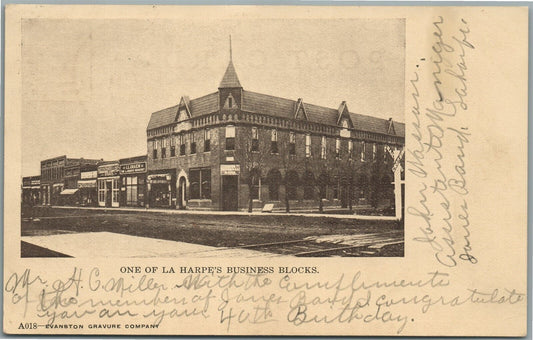 LA HARPE'S KS BUSINESS BLOCK ANTIQUE POSTCARD