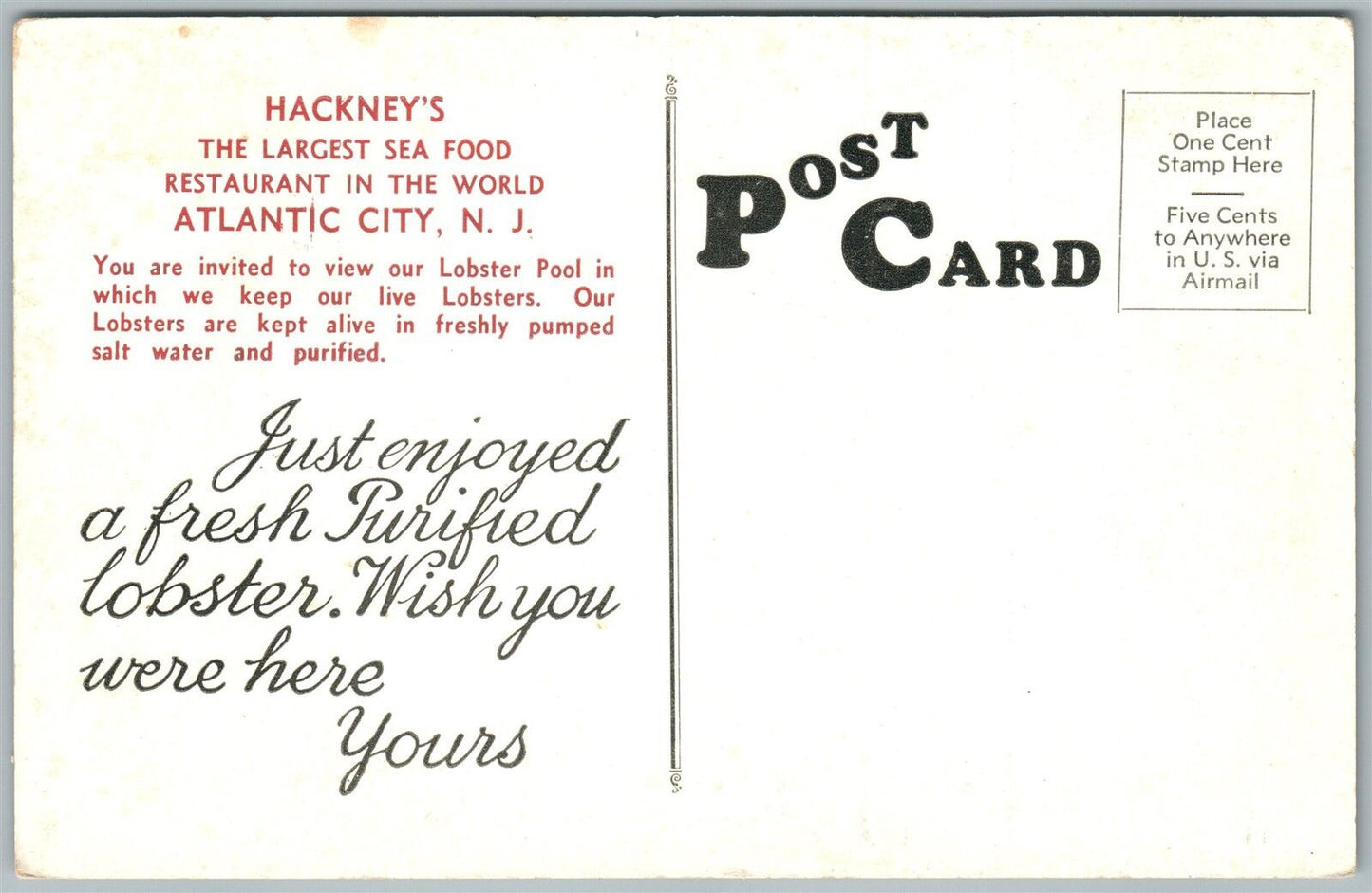 ATLANTIC CITY NJ HACKNEY'S SEA FOOD RESTAURANT ADVERTISING ANTIQUE POSTCARD