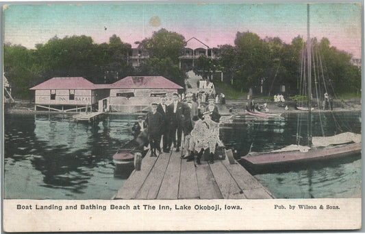 LAKE OKOBOJI IA BOAT LANDING & BATHING BEACH AT THE INN ANTIQUE POSTCARD