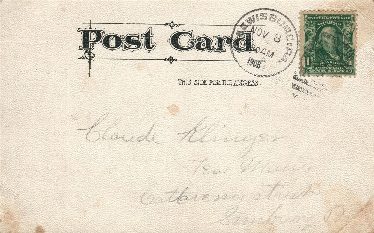 CLAUDE NAME CARD 1906 UNDIVIDED ANTIQUE POSTCARD