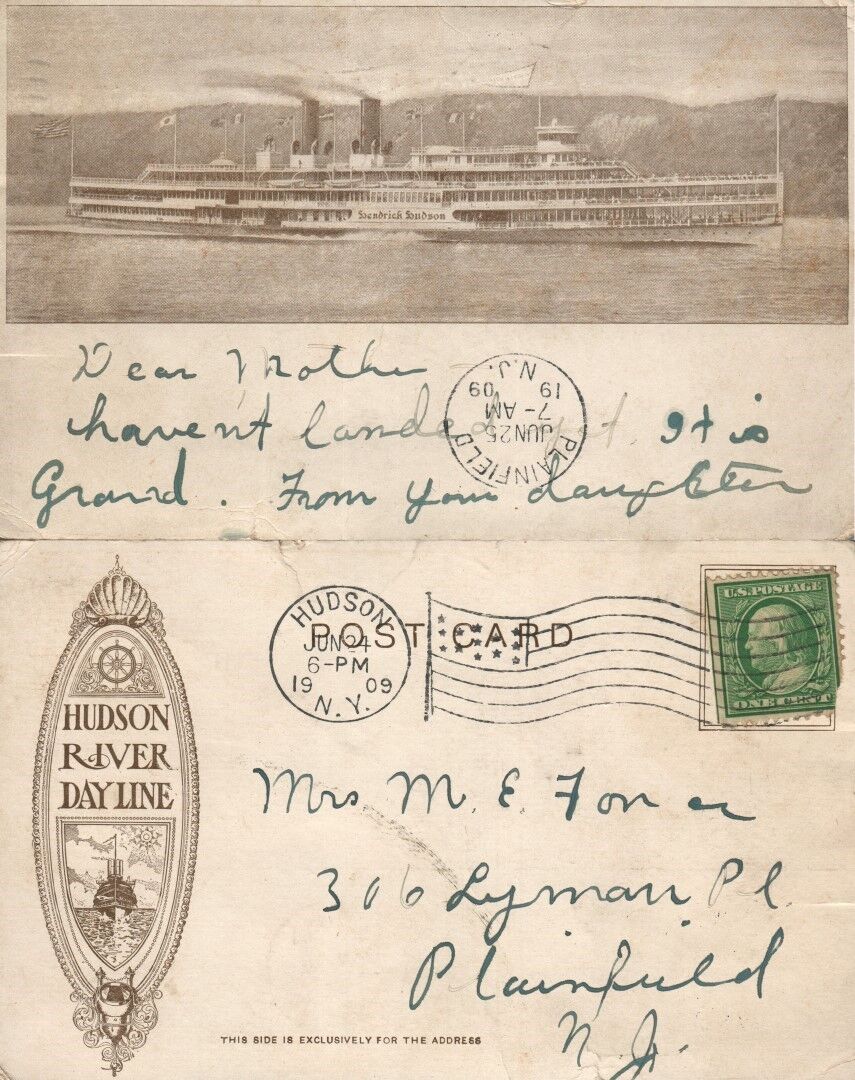 HUDSON RIVER DAY LINE SHIP N.Y. 1909 UNDIVIDED ANTIQUE POSTCARD