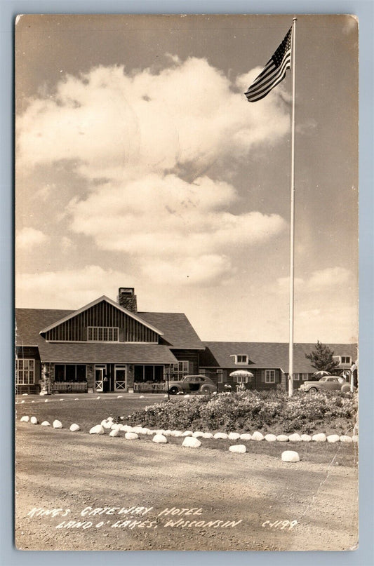 LAND'O'LAKES WI KINGS GATEWAY HOTEL ANTIQUE REAL PHOTO POSTCARD RPPC w/ US FLAG