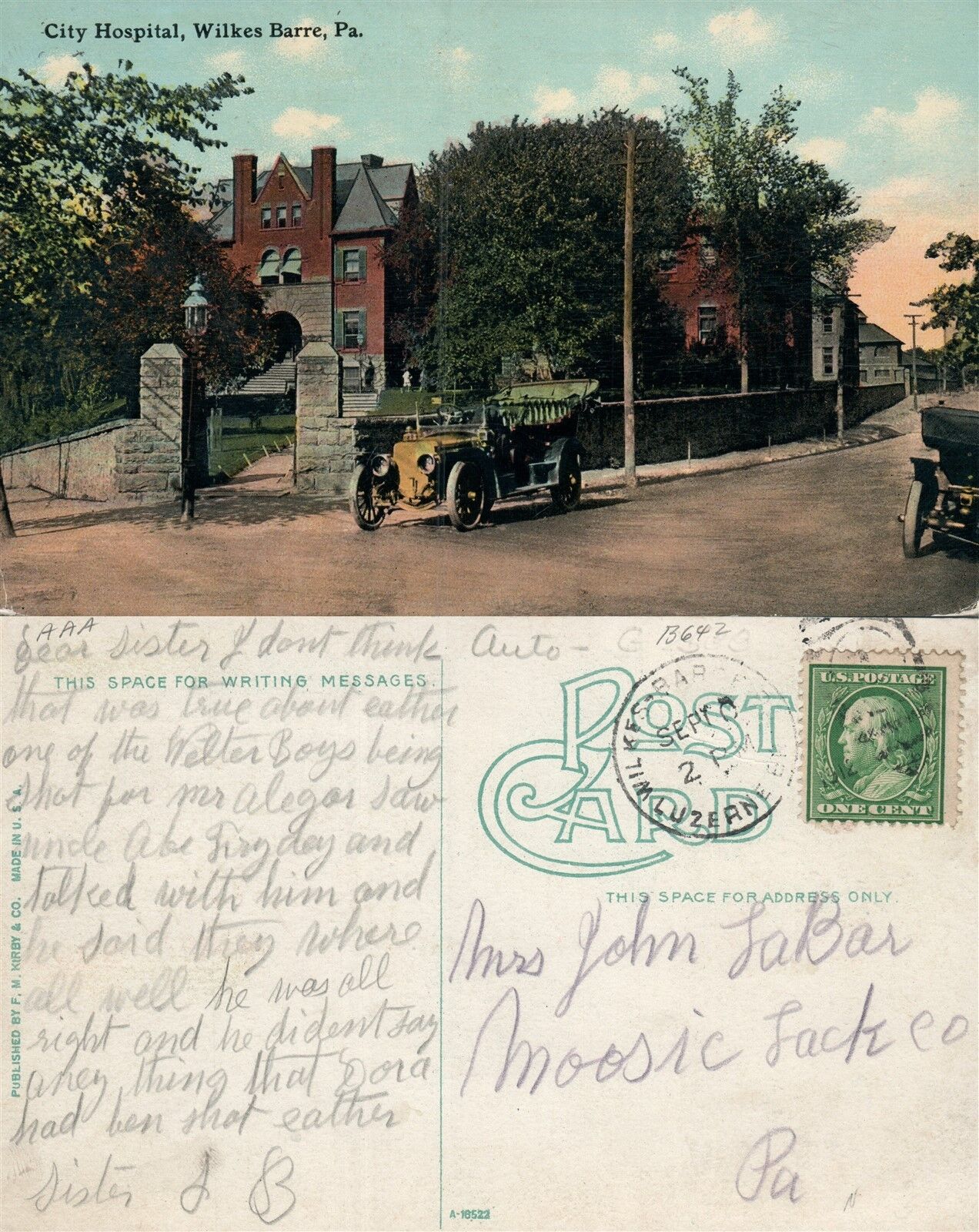 WILKES-BARRE PA CITY HOSPITAL ANTIQUE POSTCARD