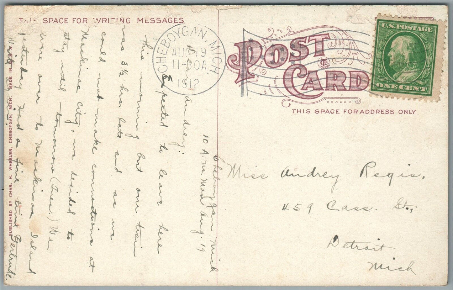 CHEBOYGAN MI MAIN STREET ANTIQUE POSTCARD