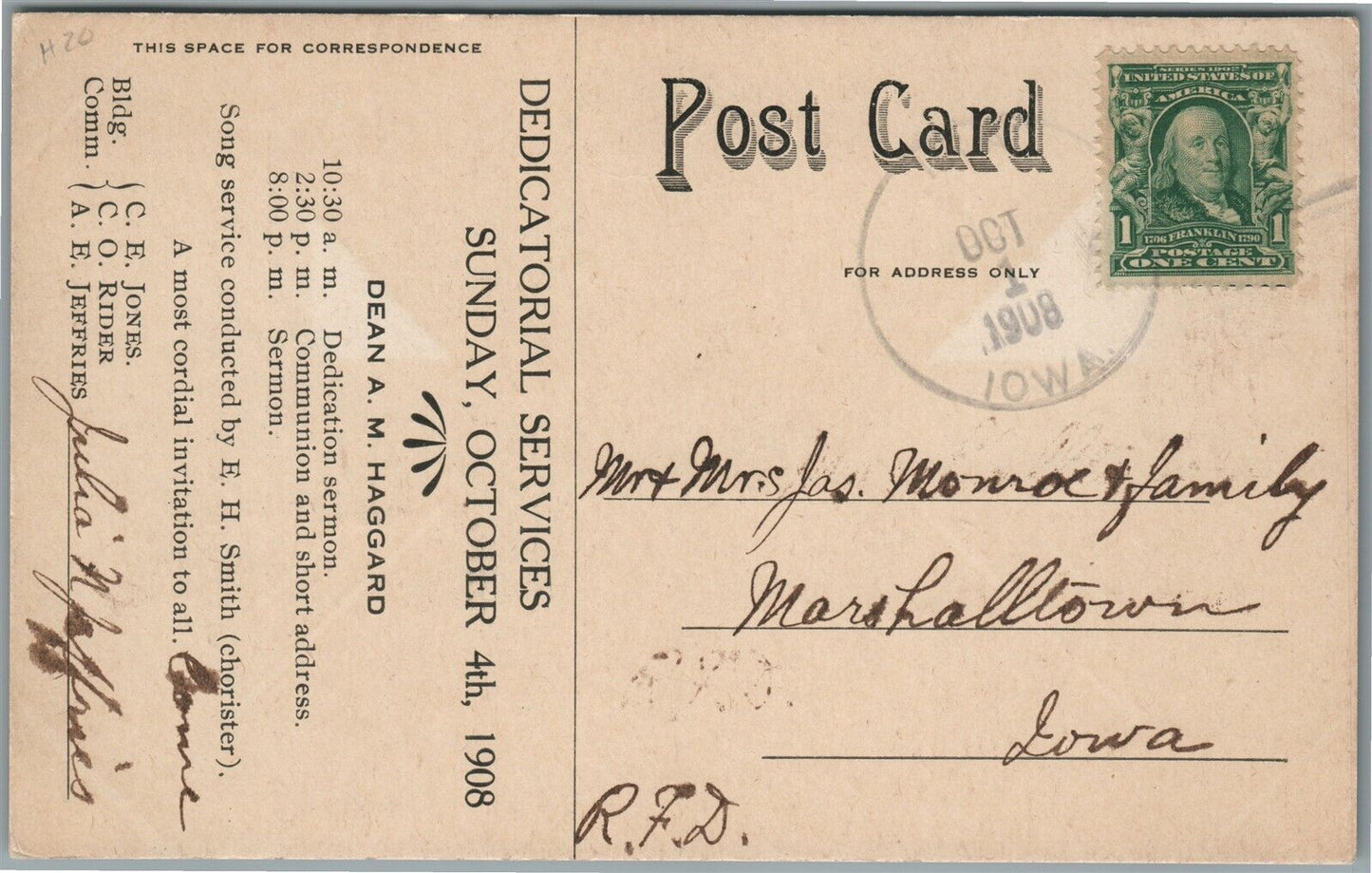 IRA IA CHURCH OF CHRIST ADVERTISING ANTIQUE POSTCARD