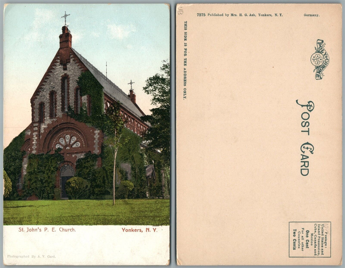YONKERS N.Y. ST.JOHN'S P.E. CHURCH UNDIVIDED ANTIQUE POSTCARD