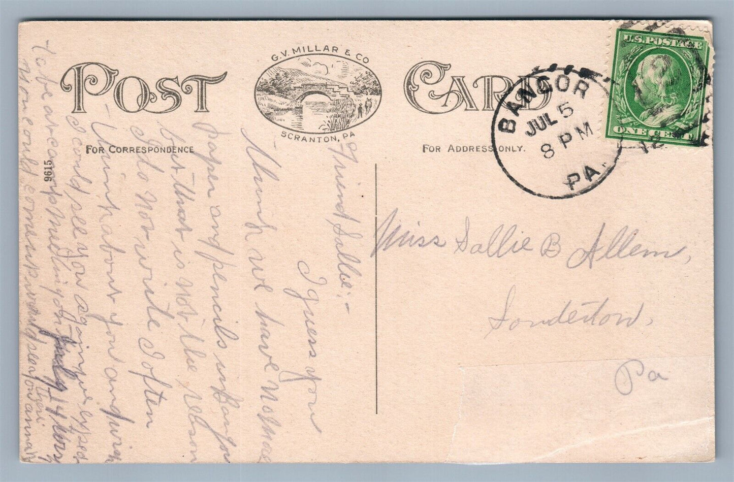 BANGOR PA BROADWAY LOOKING WEST ANTIQUE POSTCARD