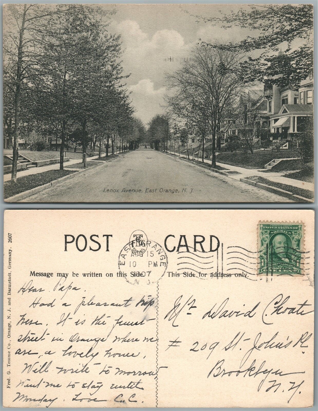 EAST ORANGE N.J. LENOX AVENUE 1907 ANTIQUE POSTCARD