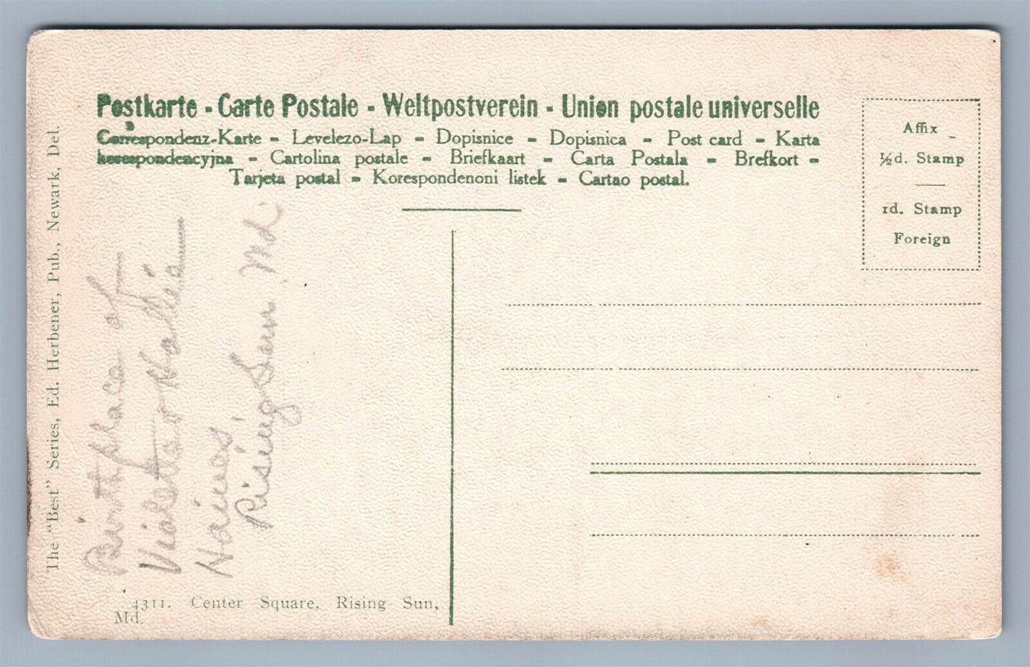 RISING SUN MD CENTER SQUARE ANTIQUE POSTCARD
