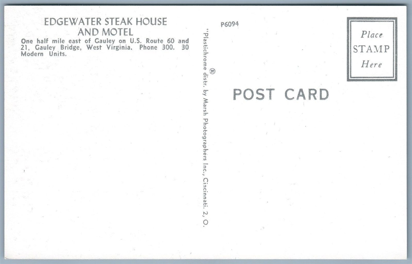 GAS STATION EDGEWATER STEAK HOUSE & MOTEL W.Va VINTAGE POSTCARD