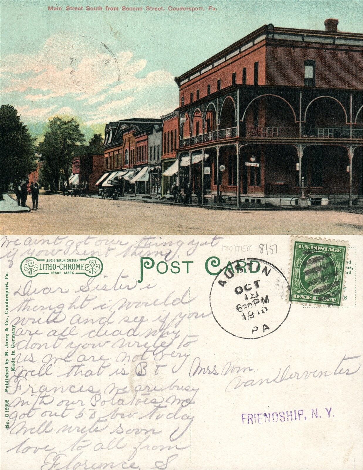 COUDERSPORT PA MAIN STREET 1910 ANTIQUE POSTCARD w/ CORK CANCEL